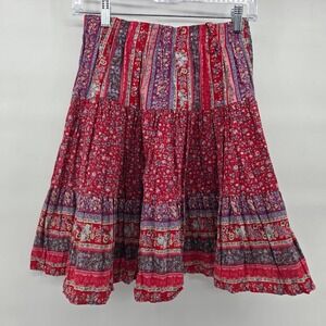 VTG Skirt Tracy Evans Medium Red Boho Floral Tiered Cotton Prairie Cottagecore